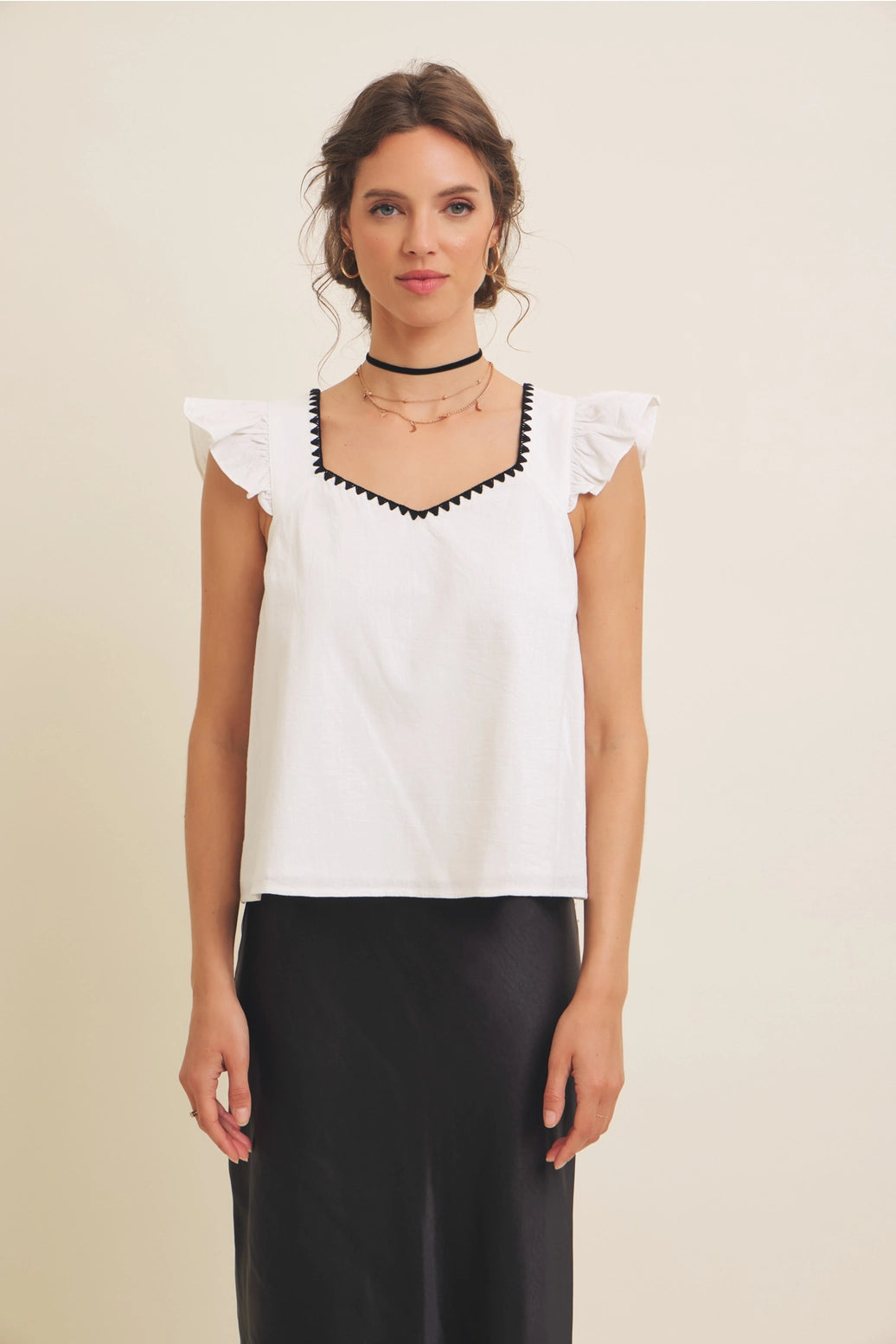 Ruffle Sleeved V-Neck Linen Top with Embroidery