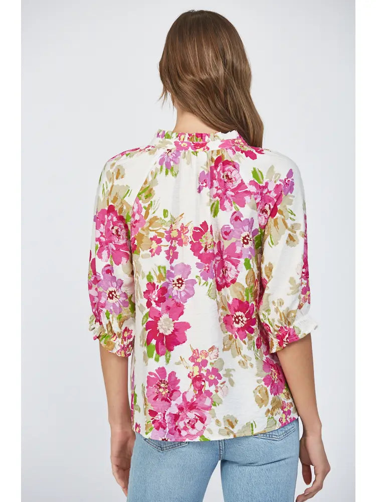 Floral Print Pintuck Detail Split Neck Blouse