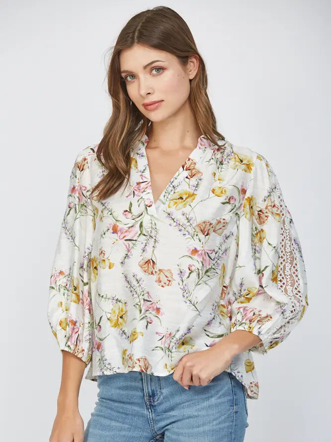 Floral Print Rayon Split Neck 3/4 Slv Top