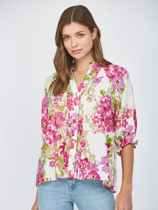 Floral Print Pintuck Detail Split Neck Blouse