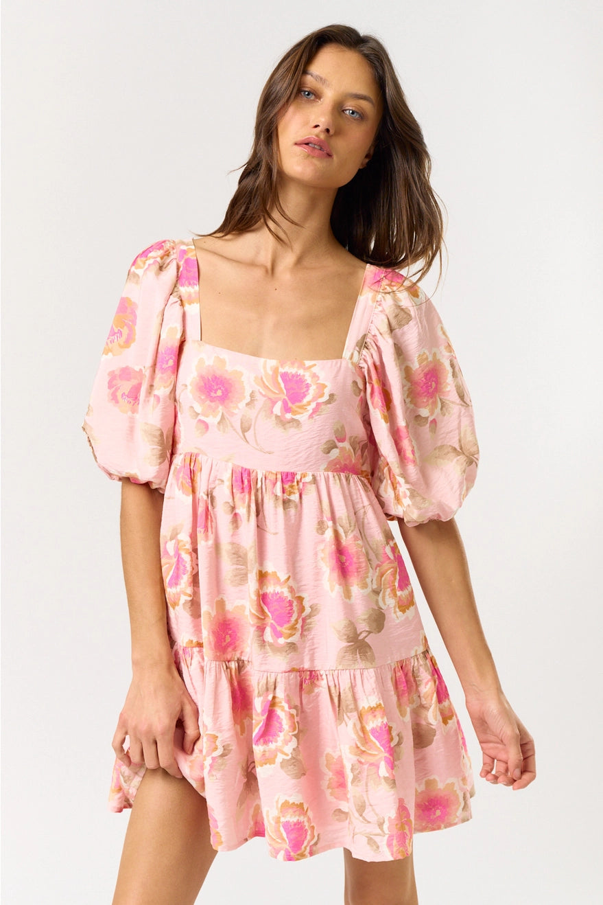 Square Neck Puff Sleeve Ruffled Mini Dress