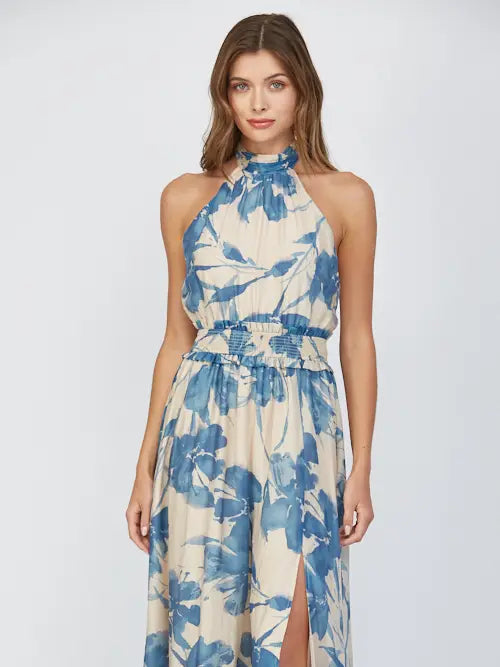 Floral Print Tie Back Halter Neckline Maxi Dress