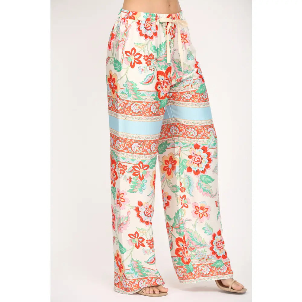 Scarf Print Satin Wide Leg Pants