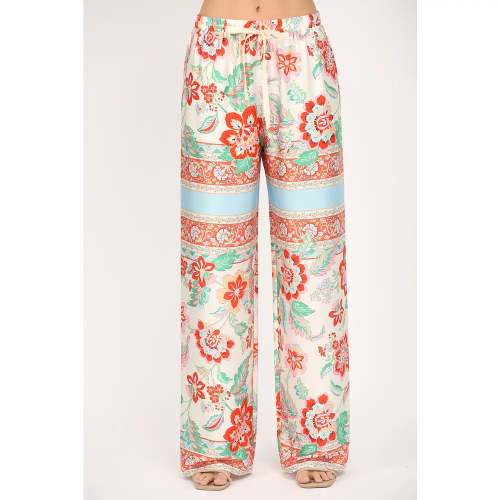 Scarf Print Satin Wide Leg Pants