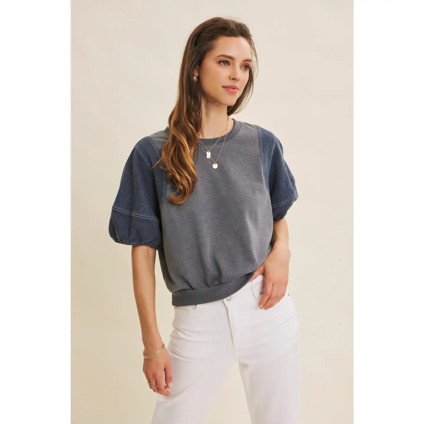 Mineral-Washed Fabric Mix Top with Contrast Stitching