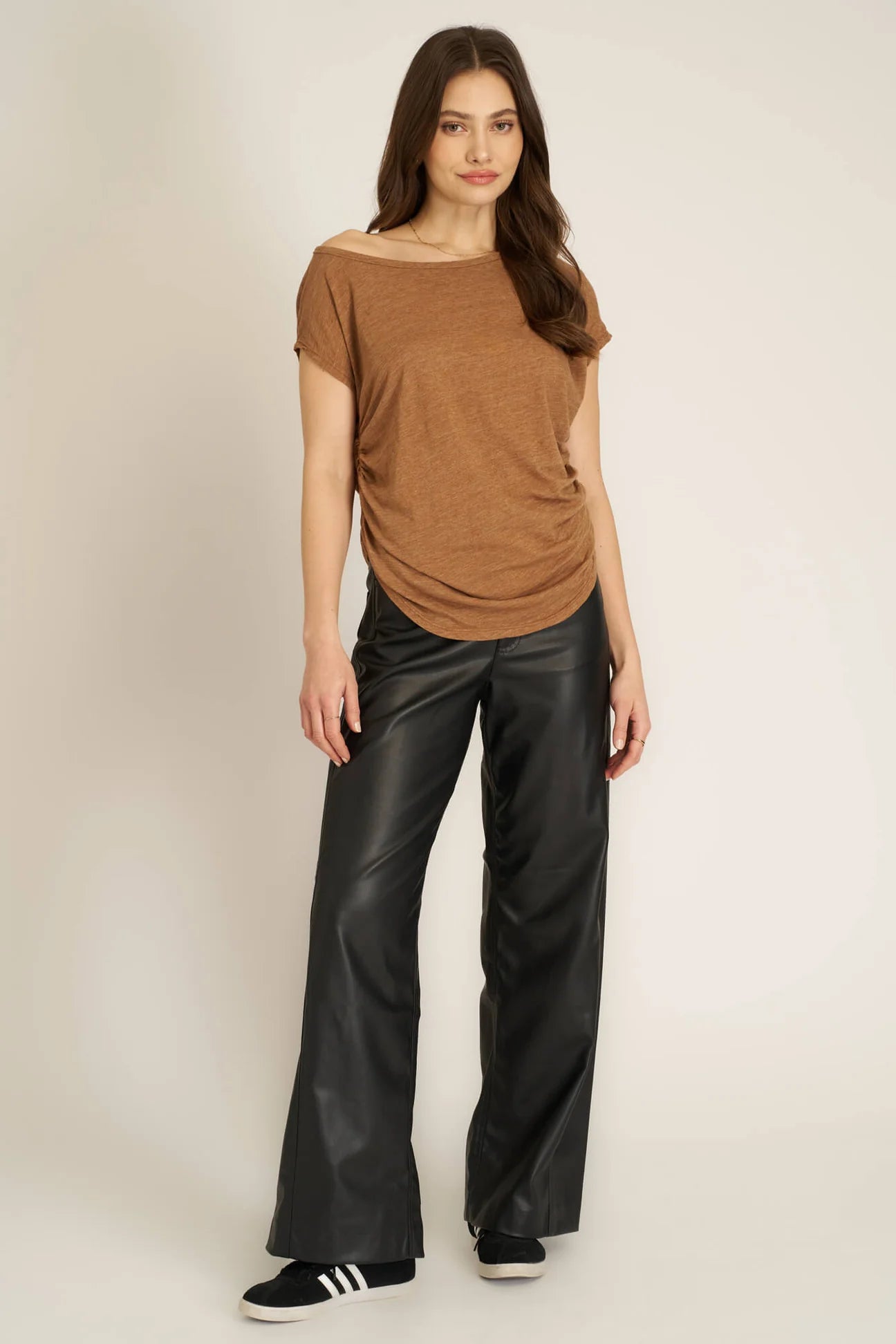 PORTIA OFF SHOULDER PLEATED TEE - SADDLE