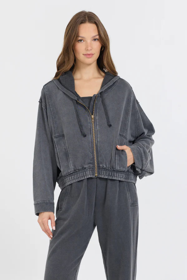 WASHED CHARCOAL GARMENT DYE FRENCH TERRY ZIP UP HOODIE