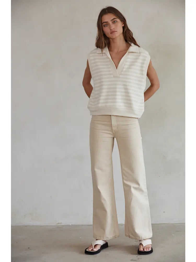 Knit Cotton Stripe Collar Neck Sleeveless Vest