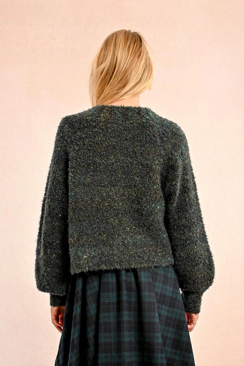 V-NECK CARDIGAN, PUFFED SLEEVES