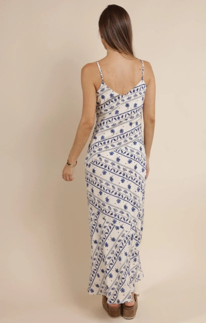 Great Springs Printed Maxi Slip Dress : Ivory Navy