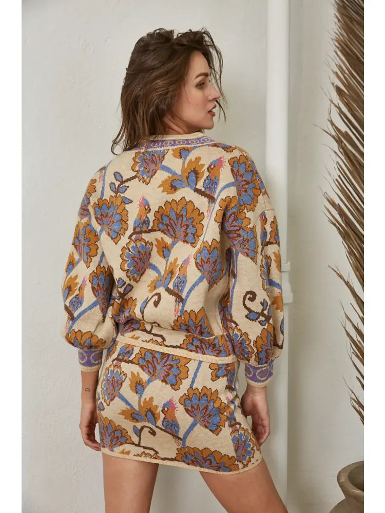 Jacquard Knit V-Neck Button Closure Cardigan