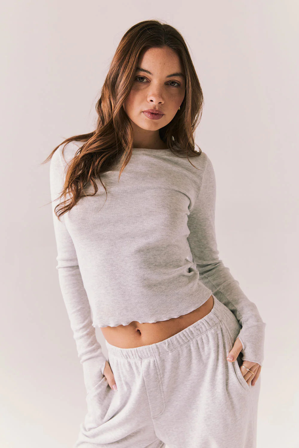 Moonlight Grey Long Sleeve – Fitted Ribbed Top with Thumb Holes