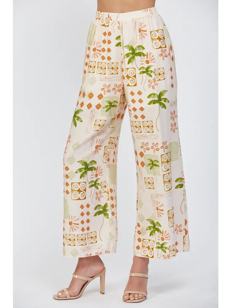 Tropical Print Wide Leg Pants