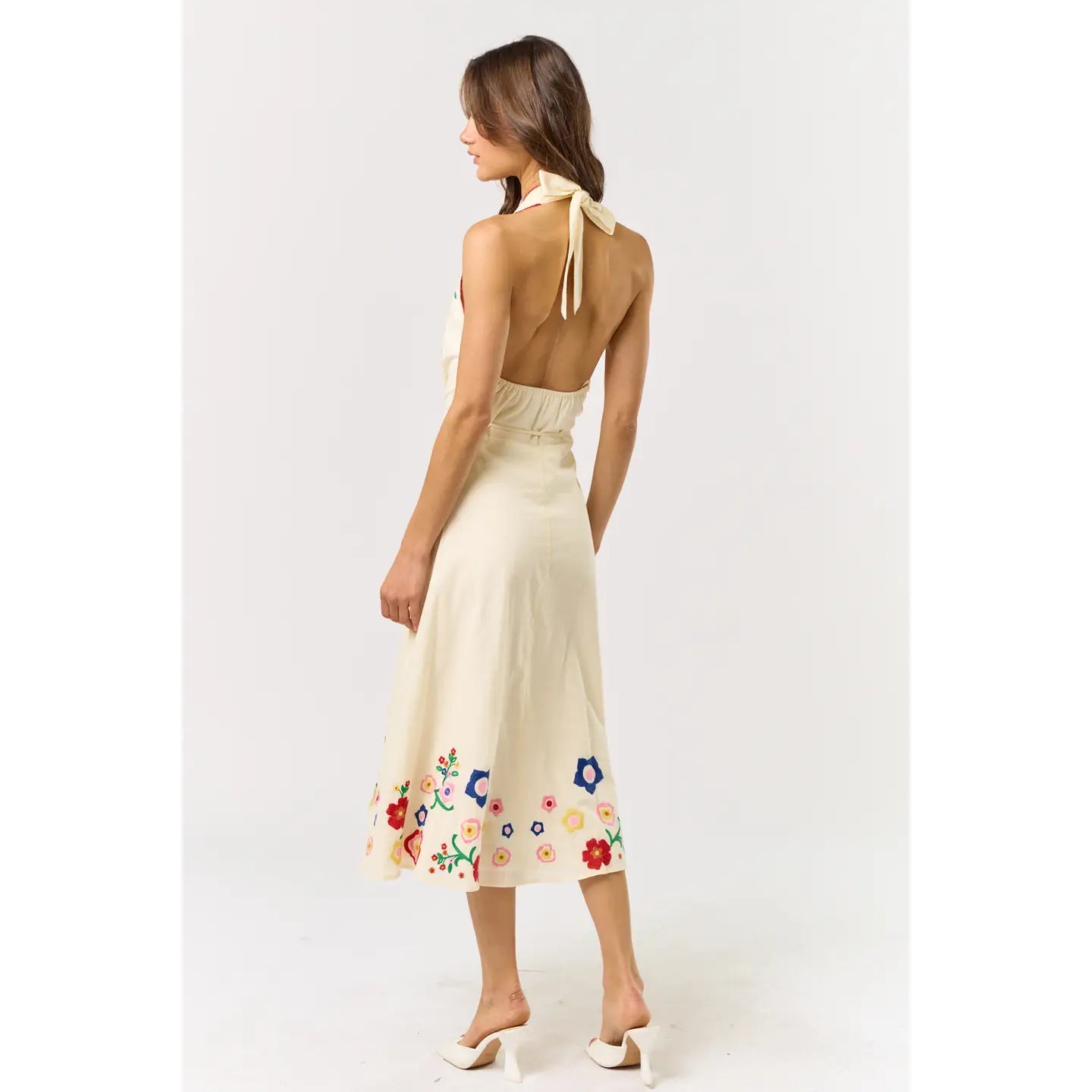 Halter Neck Tie Embroidered Midi Dress