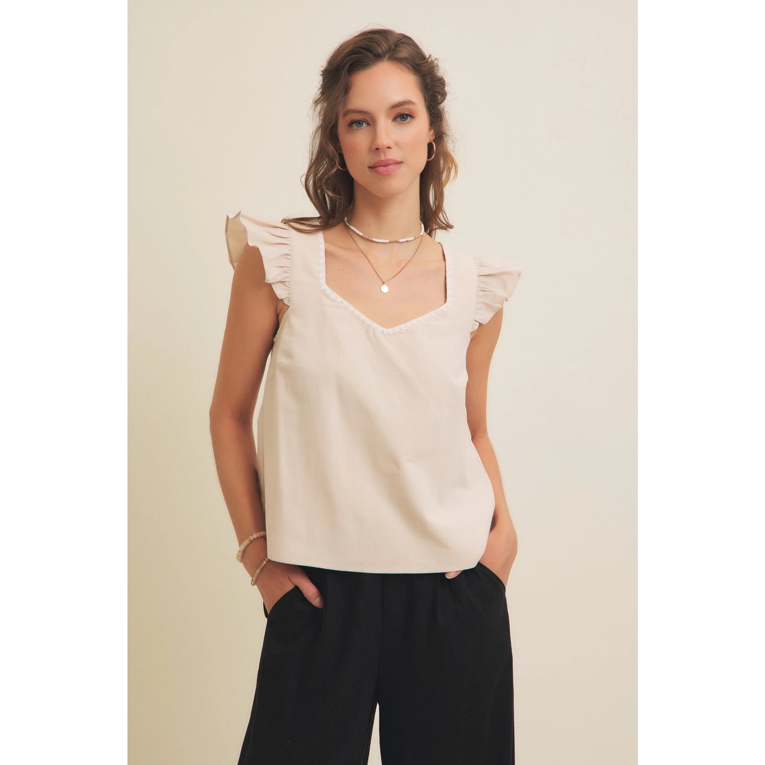 Ruffle Sleeved V-Neck Linen Top with Embroidery
