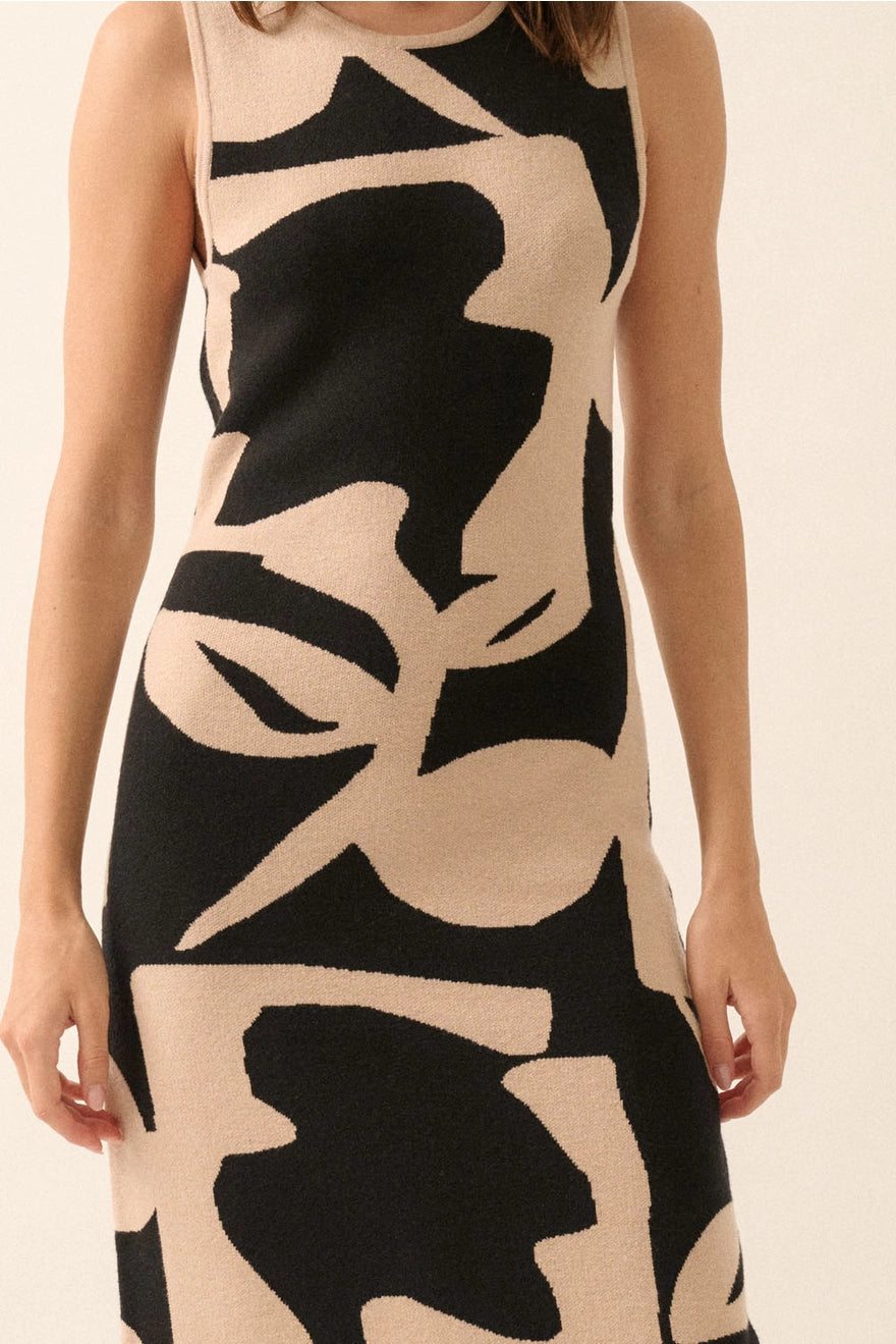 Abstract Floral Knit Sleeveless Midi Sweater