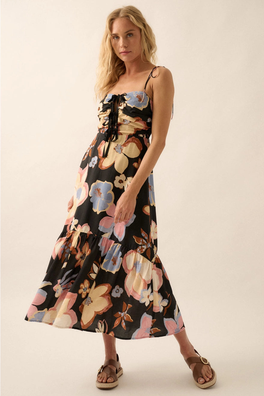 Textured Floral-Print Tie-Front Ruffle Midi Dress
