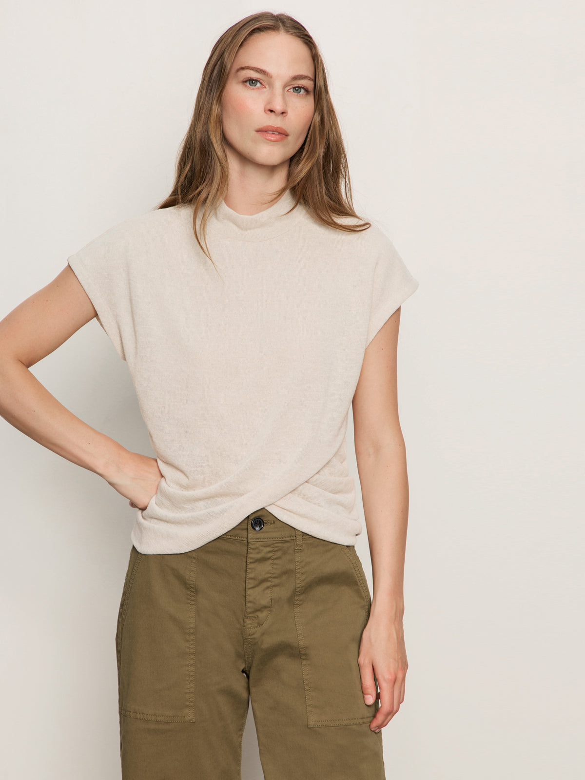 DRAPED SLEEVELESS MOCK NECK TOP MOTHER OF PEARL