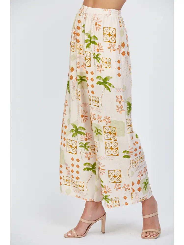Tropical Print Wide Leg Pants