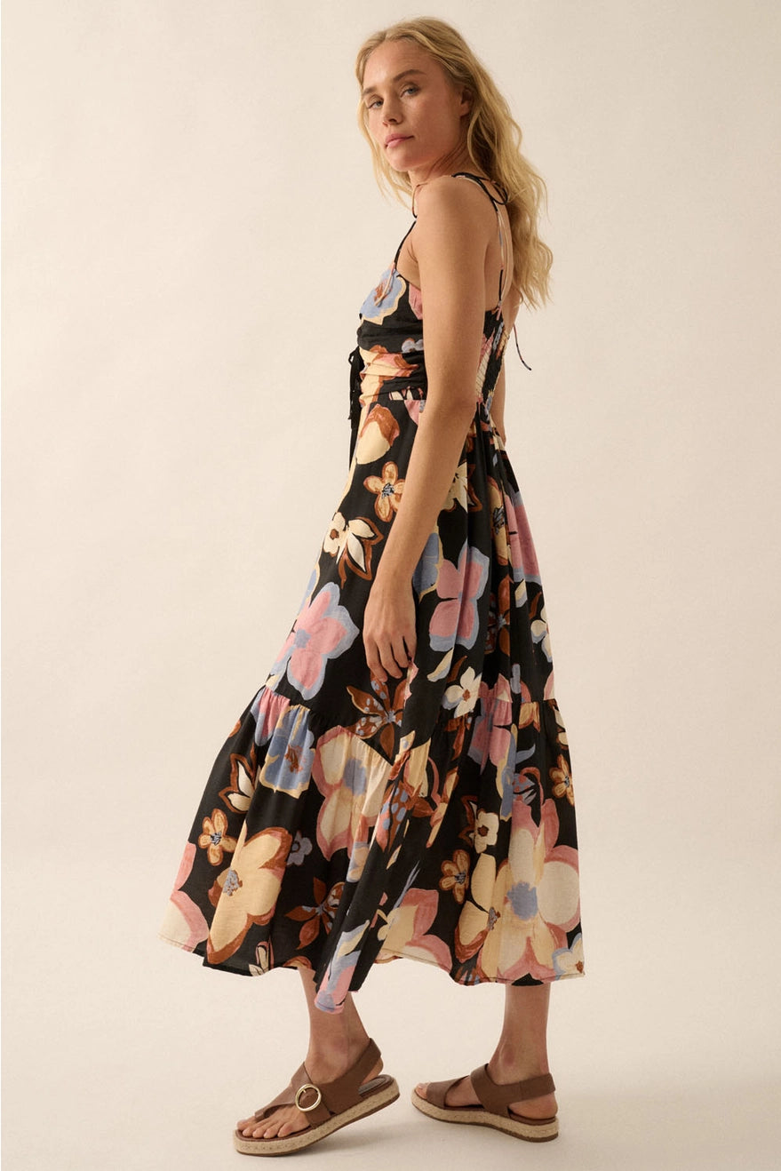 Textured Floral-Print Tie-Front Ruffle Midi Dress