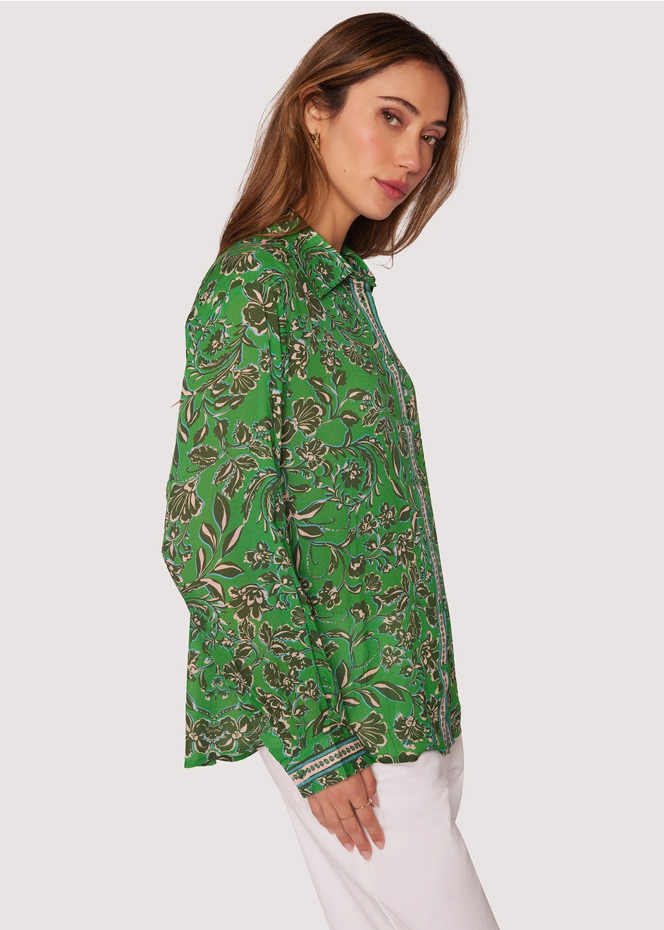 Eden's Oasis Top - Spring Floral Green Button-Down Gauze