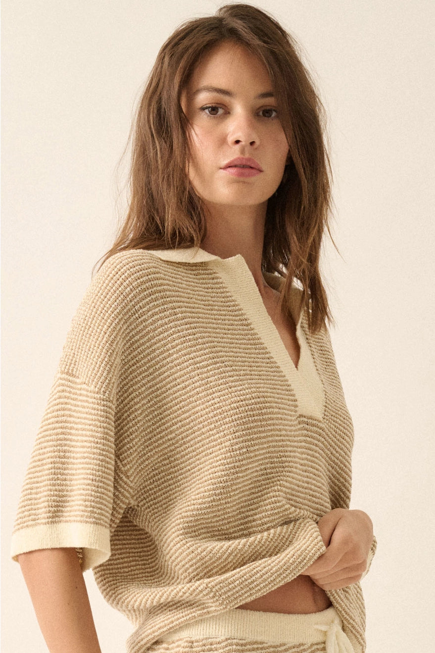 Striped Rib-Knit Collared Split-Neck Top