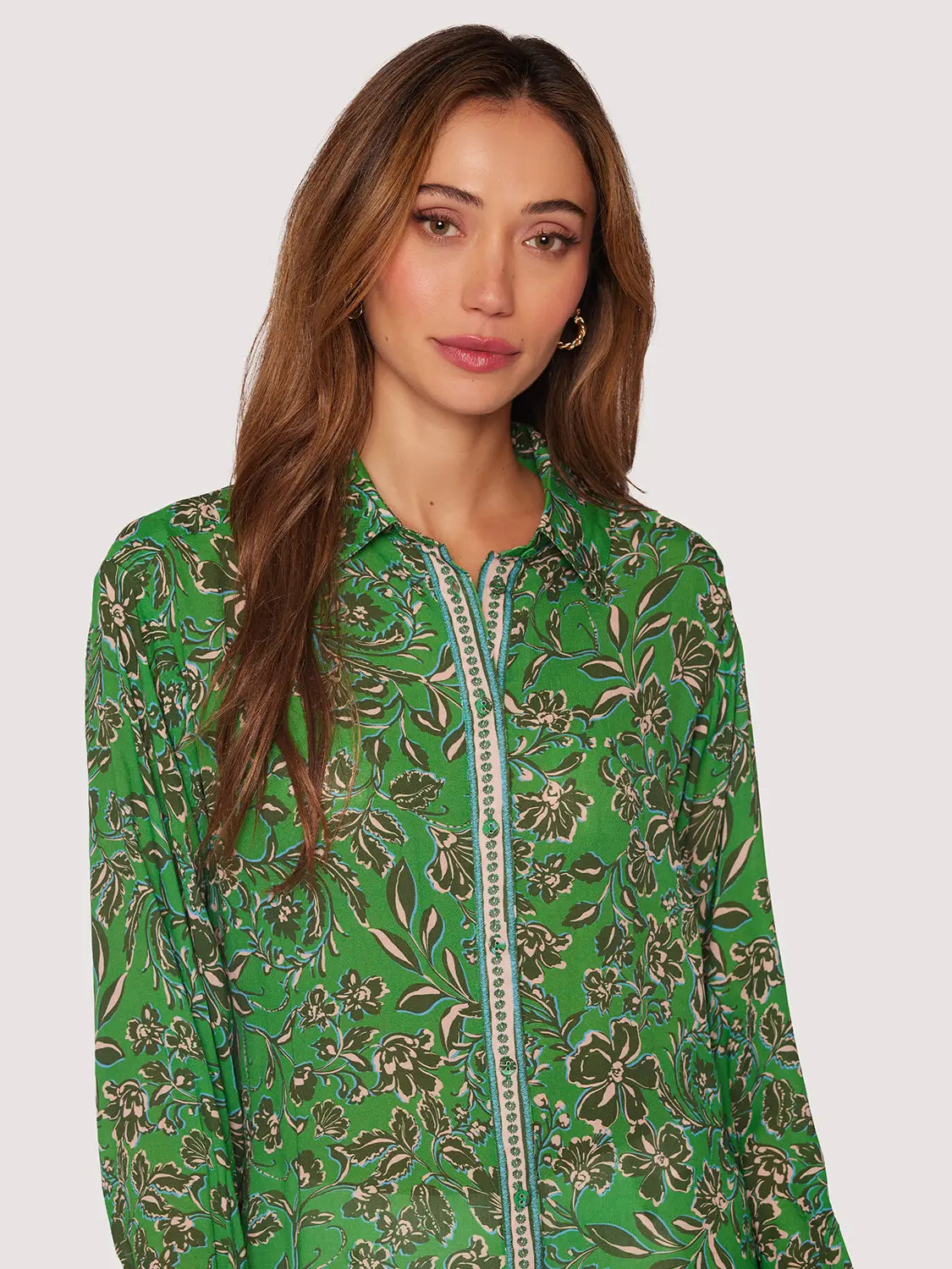 Eden's Oasis Top - Spring Floral Green Button-Down Gauze