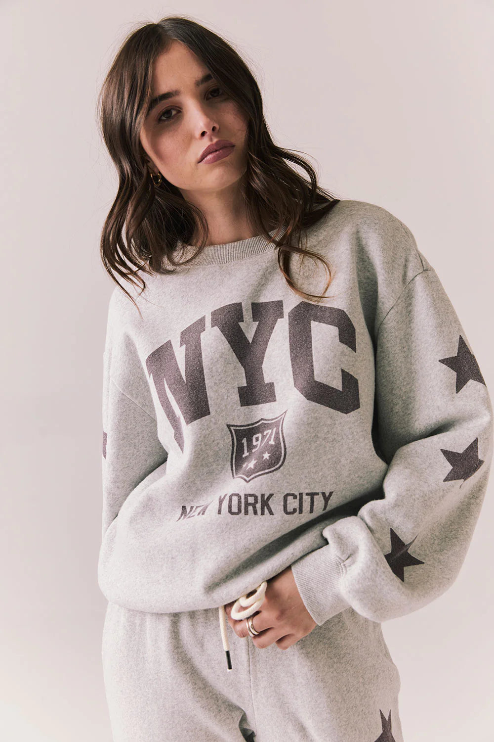 NYC Stars Pullover – Heather Grey Cotton Fleece with Star Sleeves