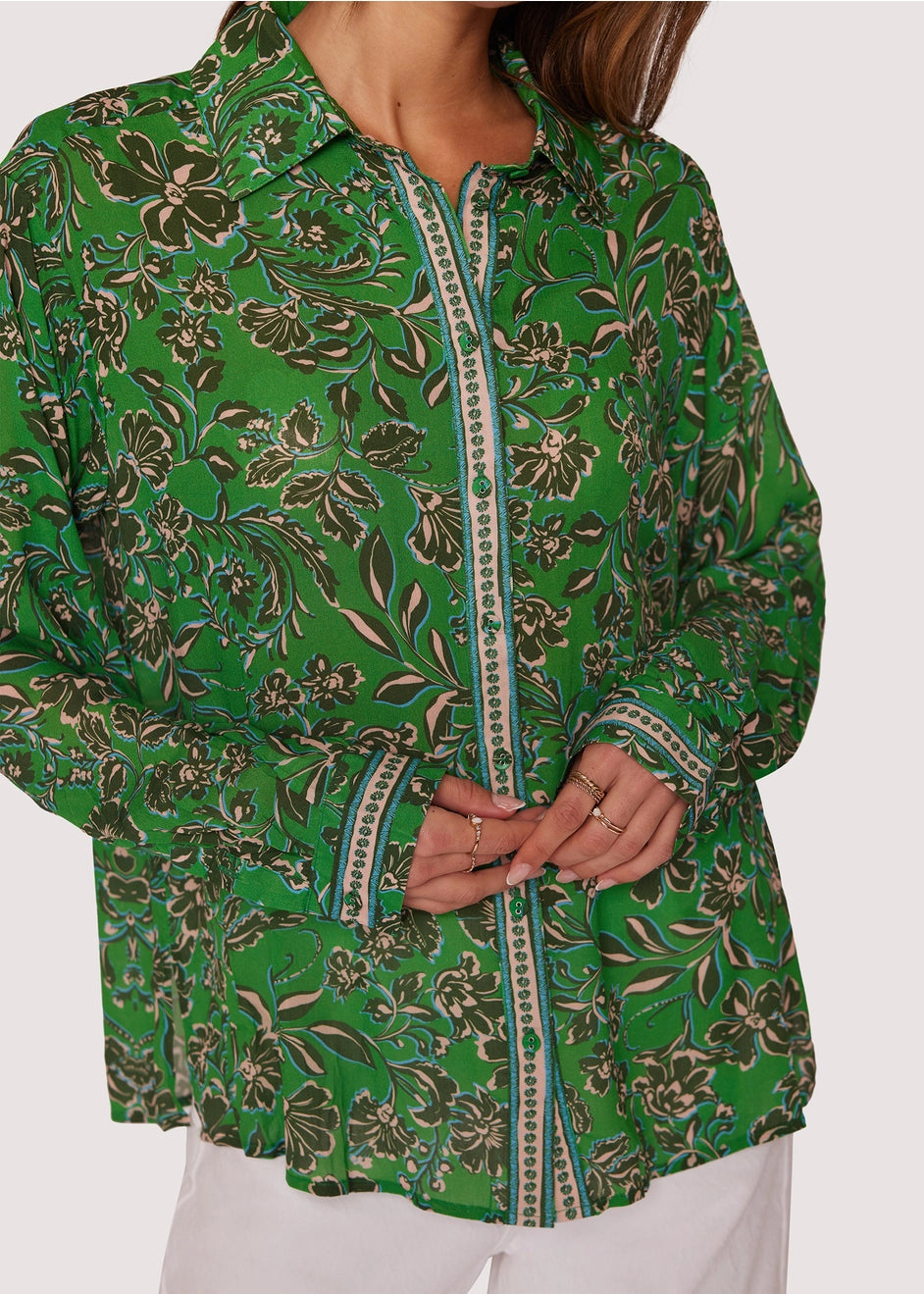 Eden's Oasis Top - Spring Floral Green Button-Down Gauze