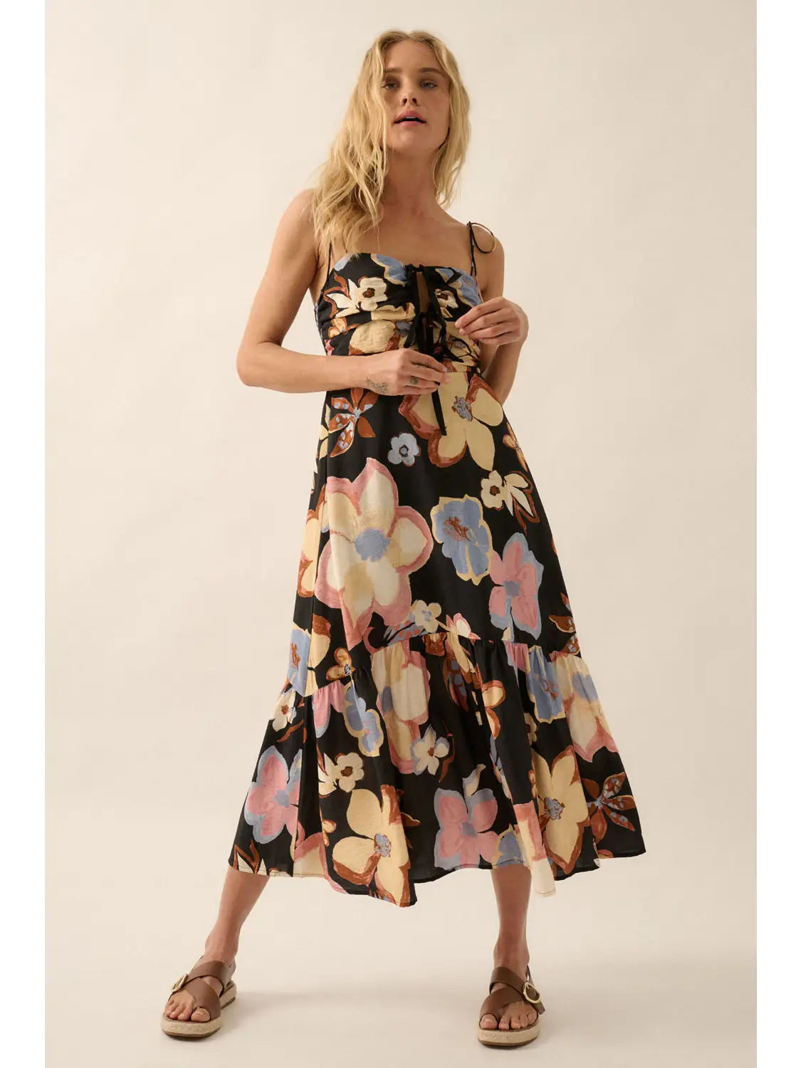 Textured Floral-Print Tie-Front Ruffle Midi Dress
