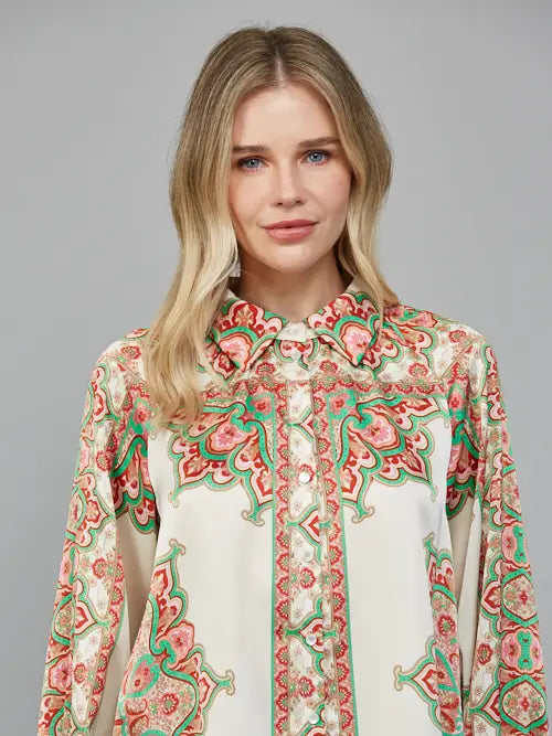 Abstract Border Print Button Down Blouse