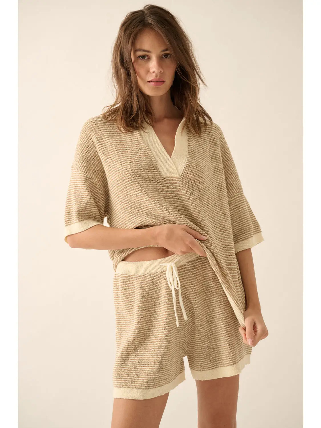 Striped Rib-Knit Collared Split-Neck Top