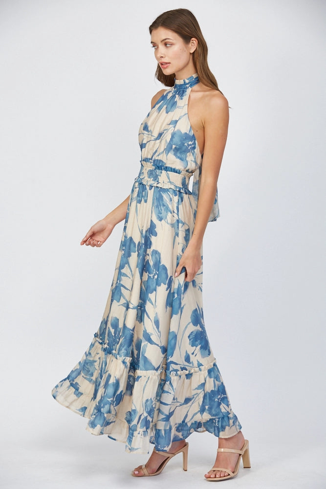 Floral Print Tie Back Halter Neckline Maxi Dress