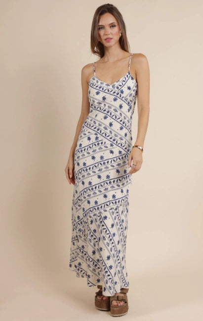 Great Springs Printed Maxi Slip Dress : Ivory Navy