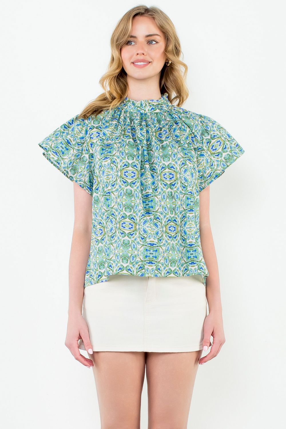 Turquoise Flutter Sleeve Print Top