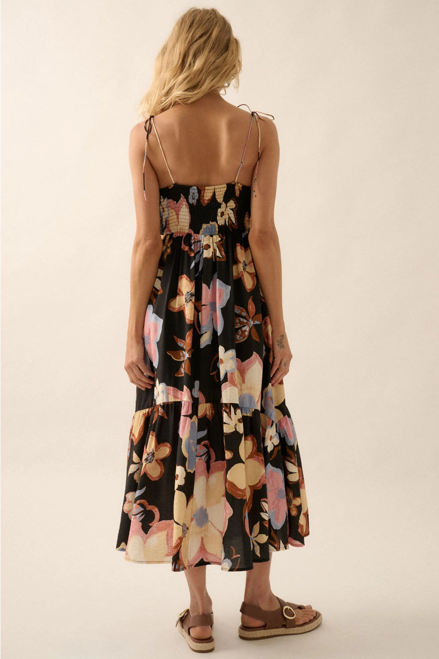 Textured Floral-Print Tie-Front Ruffle Midi Dress