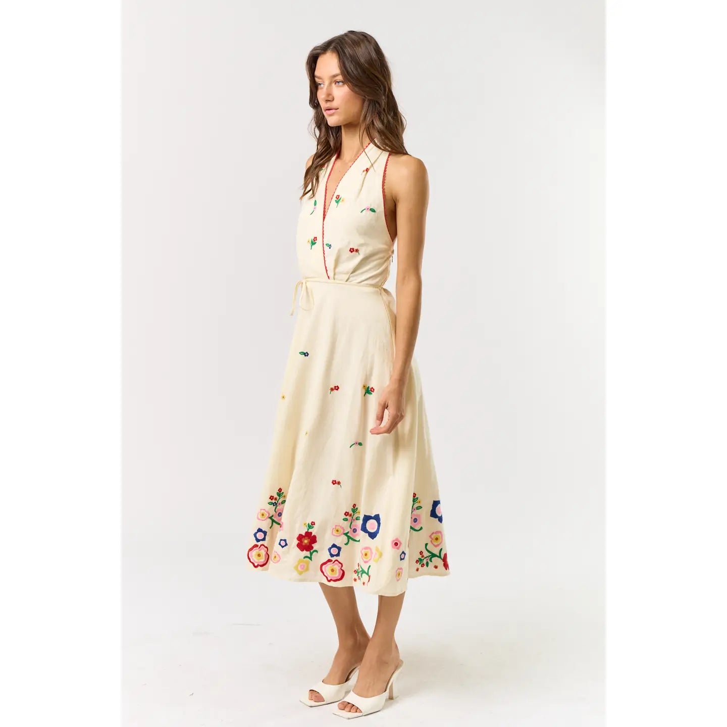 Halter Neck Tie Embroidered Midi Dress