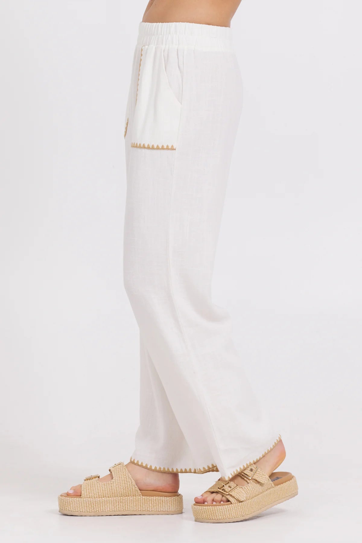 White Wide Leg Pant w/ Tan Whip Stitch