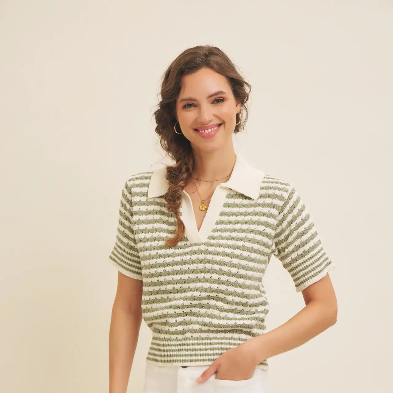 Soft Textured Cotton Stripe Sweater Top with Drop Shoulders