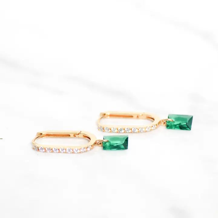 Bon Bon Rectangle Huggies-Emerald Dangle Earrings