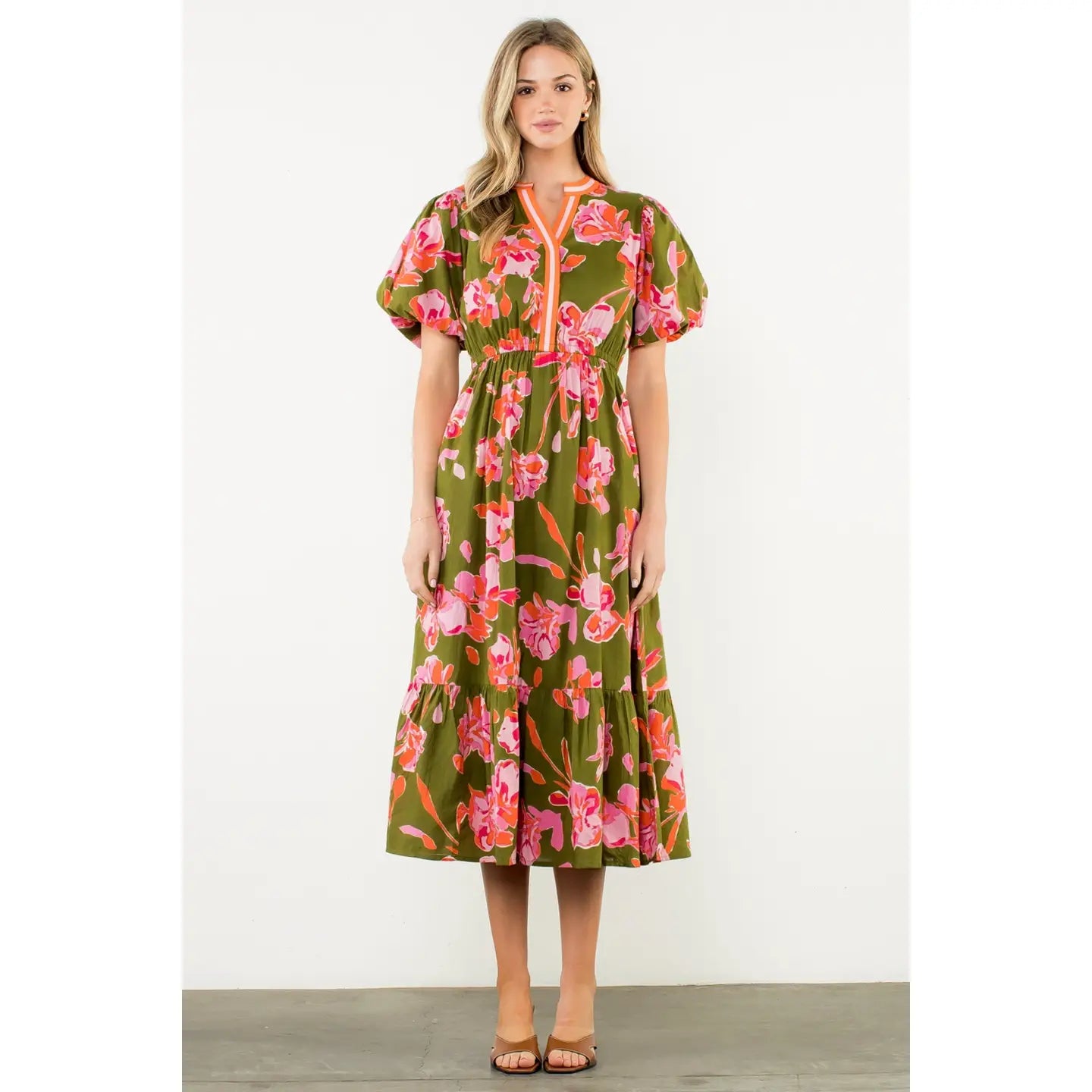 Puff Sleeve Floral Midi Dress