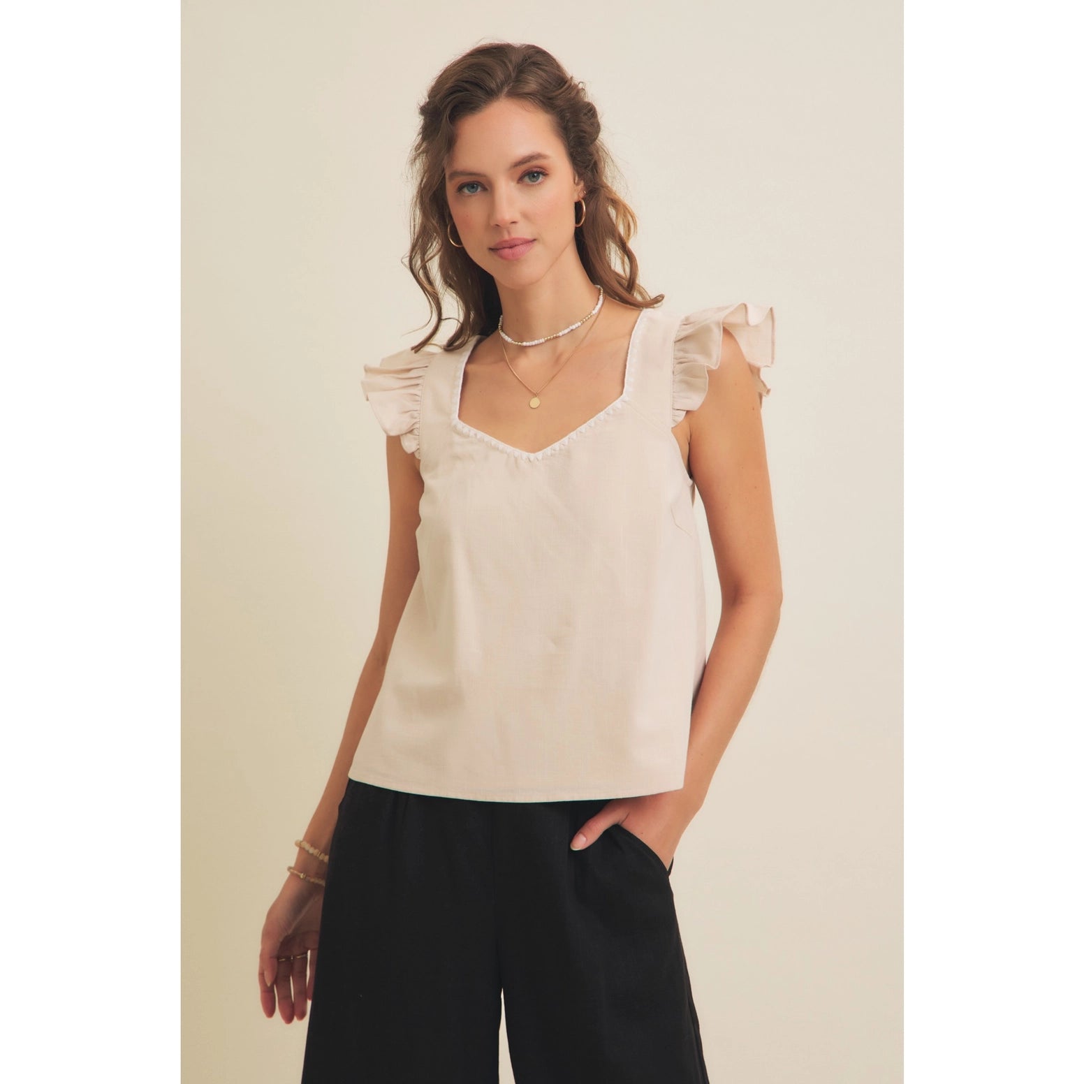 Ruffle Sleeved V-Neck Linen Top with Embroidery