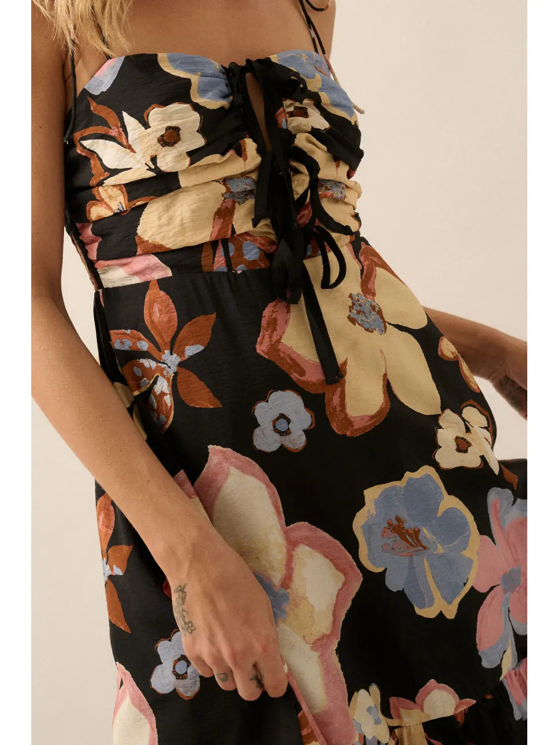Textured Floral-Print Tie-Front Ruffle Midi Dress