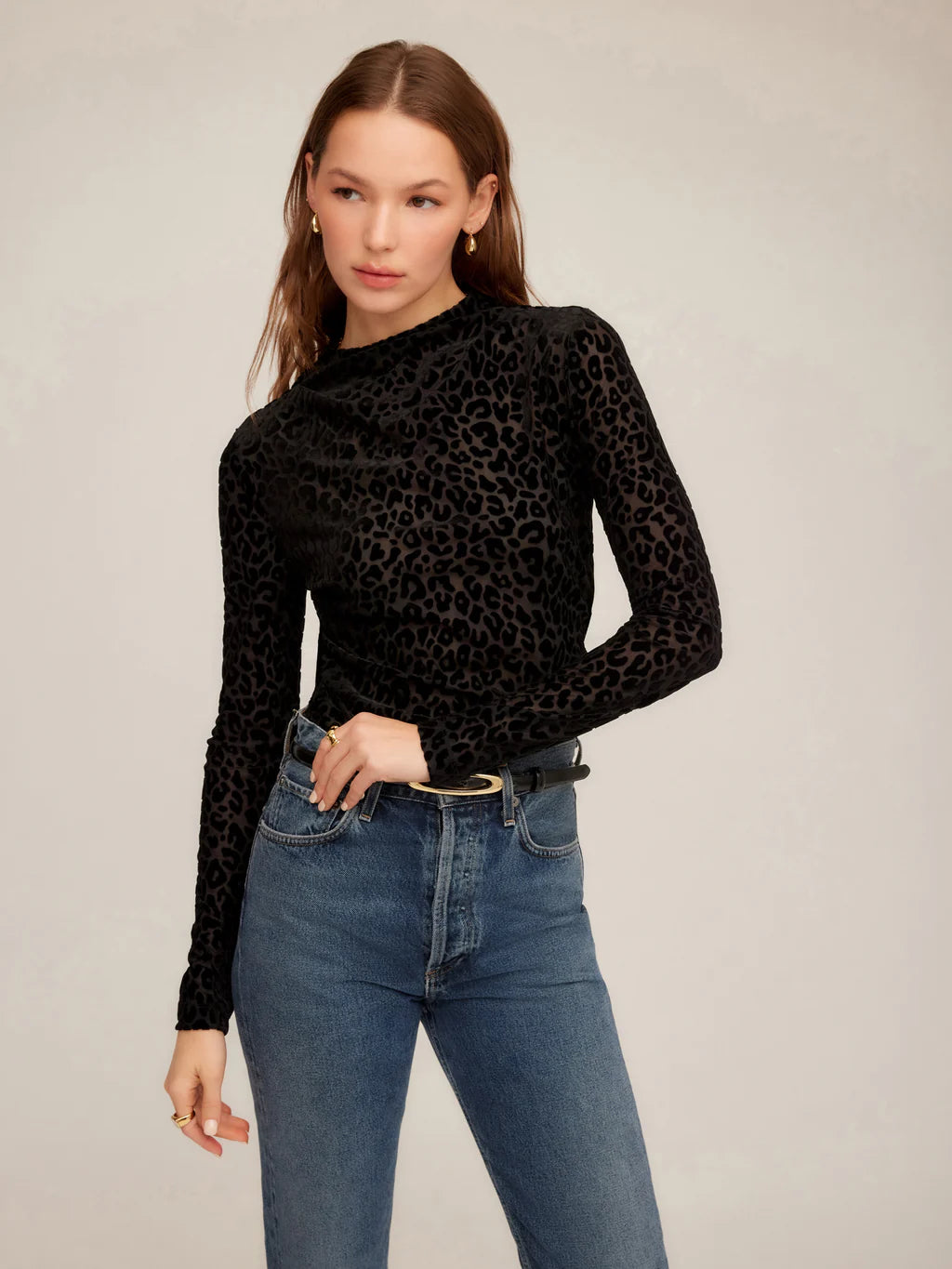 KHAMI VELVET BURNOUT SHIRRED TOP
