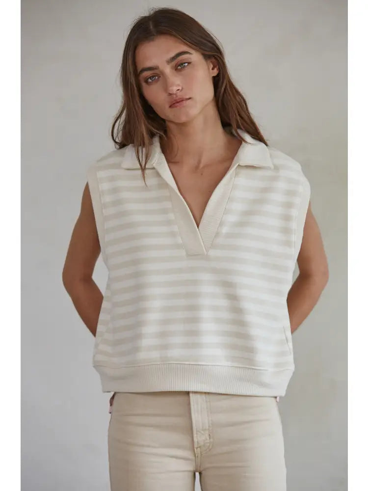 Knit Cotton Stripe Collar Neck Sleeveless Vest