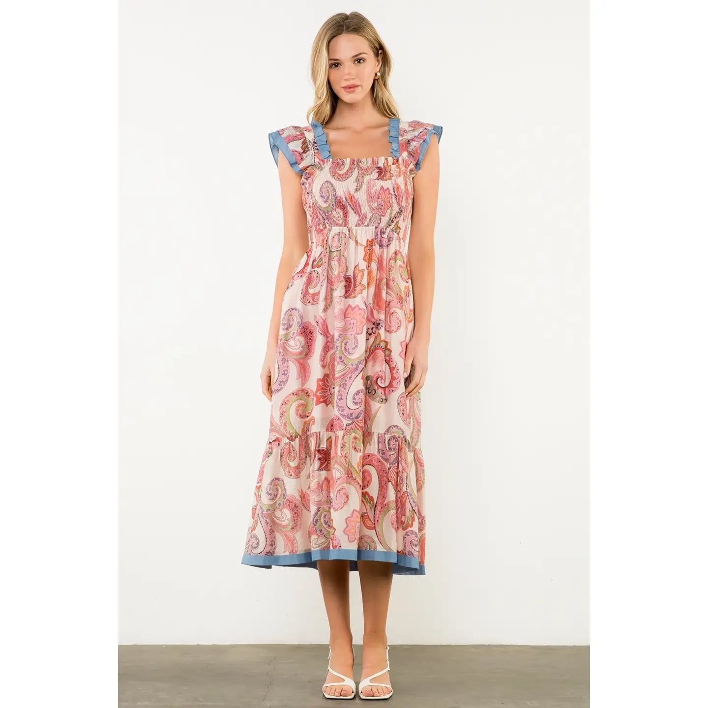 Smocked Flutter Sleeve Paisley Print Maxi Dress