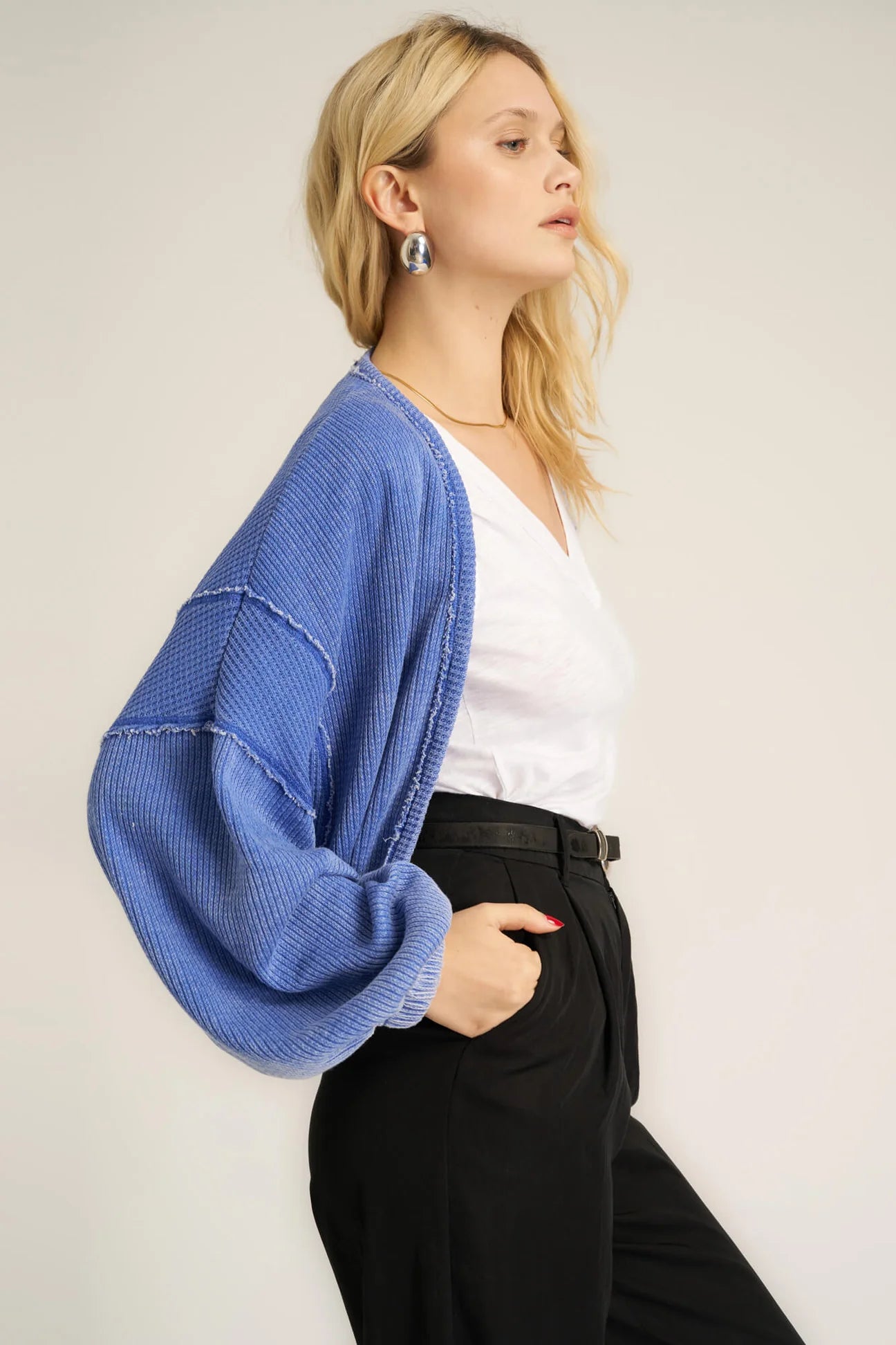 TOO COOL SEAMED BURNOUT SHRUG - BLUE MOON