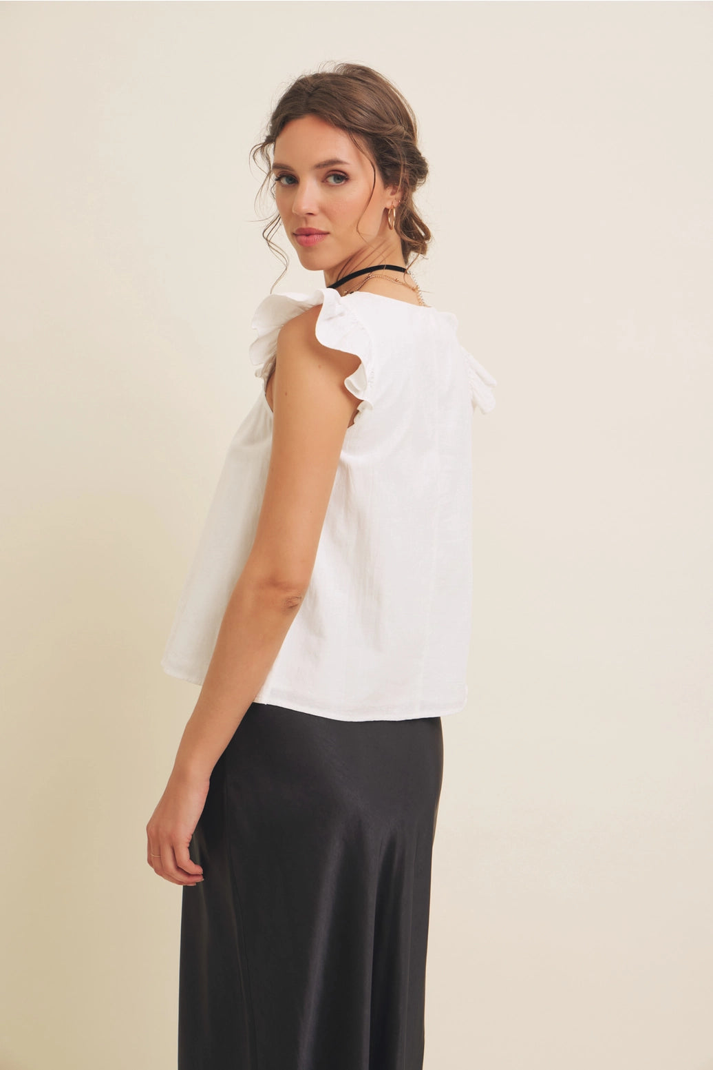 Ruffle Sleeved V-Neck Linen Top with Embroidery