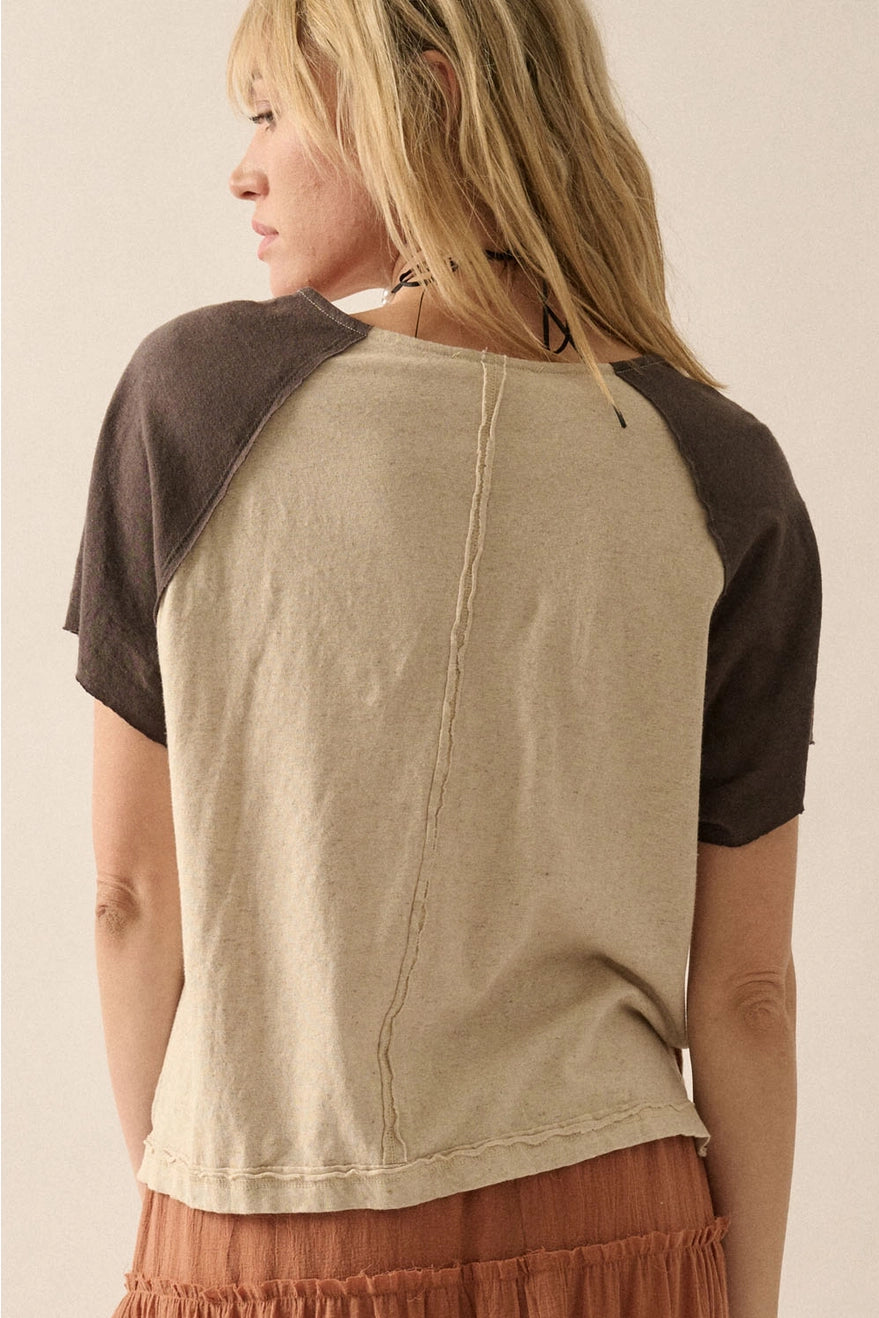 Easy Fit Colorblock Henley V-Neck Knit Top