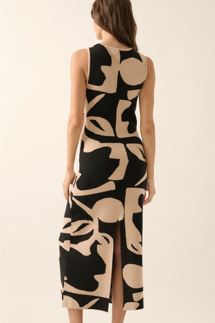 Abstract Floral Knit Sleeveless Midi Sweater